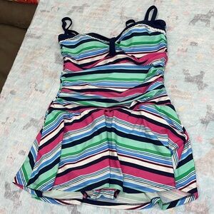 Crown & Ivy Navy Pink Green Striped one piece Swim dress Size large